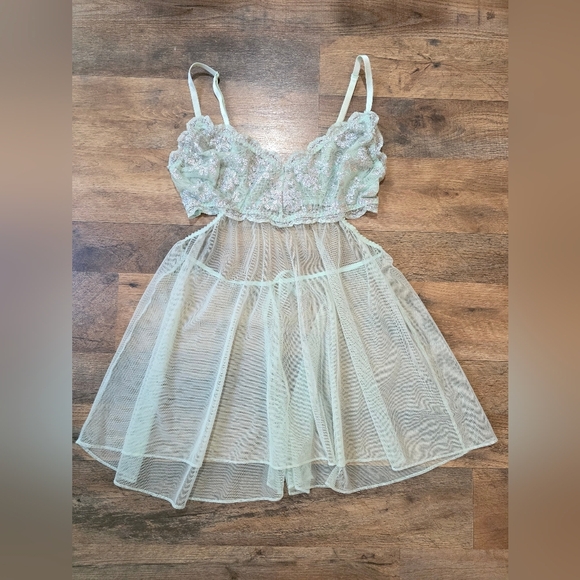 Victoria's Secret Other - Victoria's Secret Women's Mint Blue Silver Floral Lace Babydoll Lingerie Size M